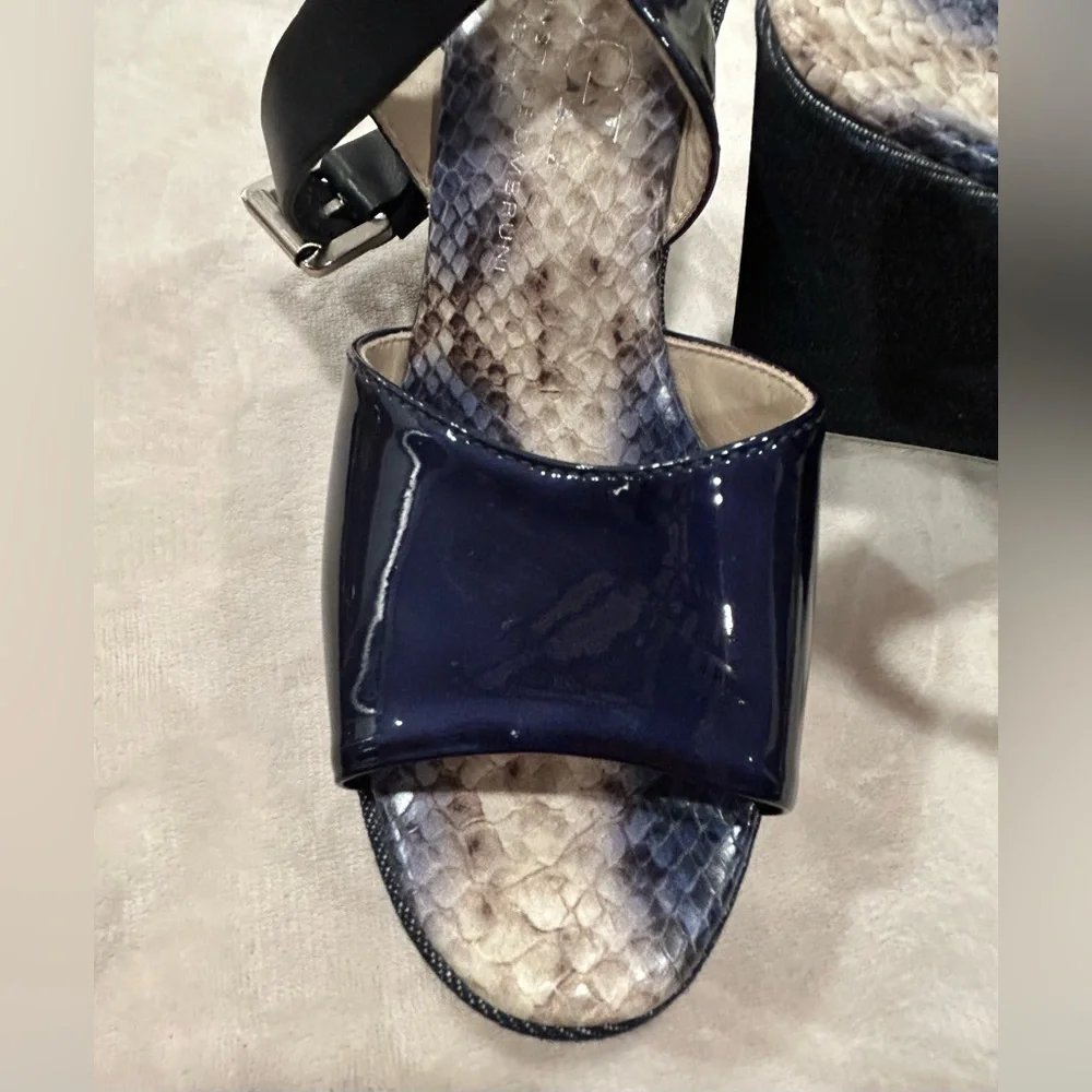 AGL Attilio Giusti Leombruni Blue Patent Leather, Denim Wedge Sandal, Size 38.5